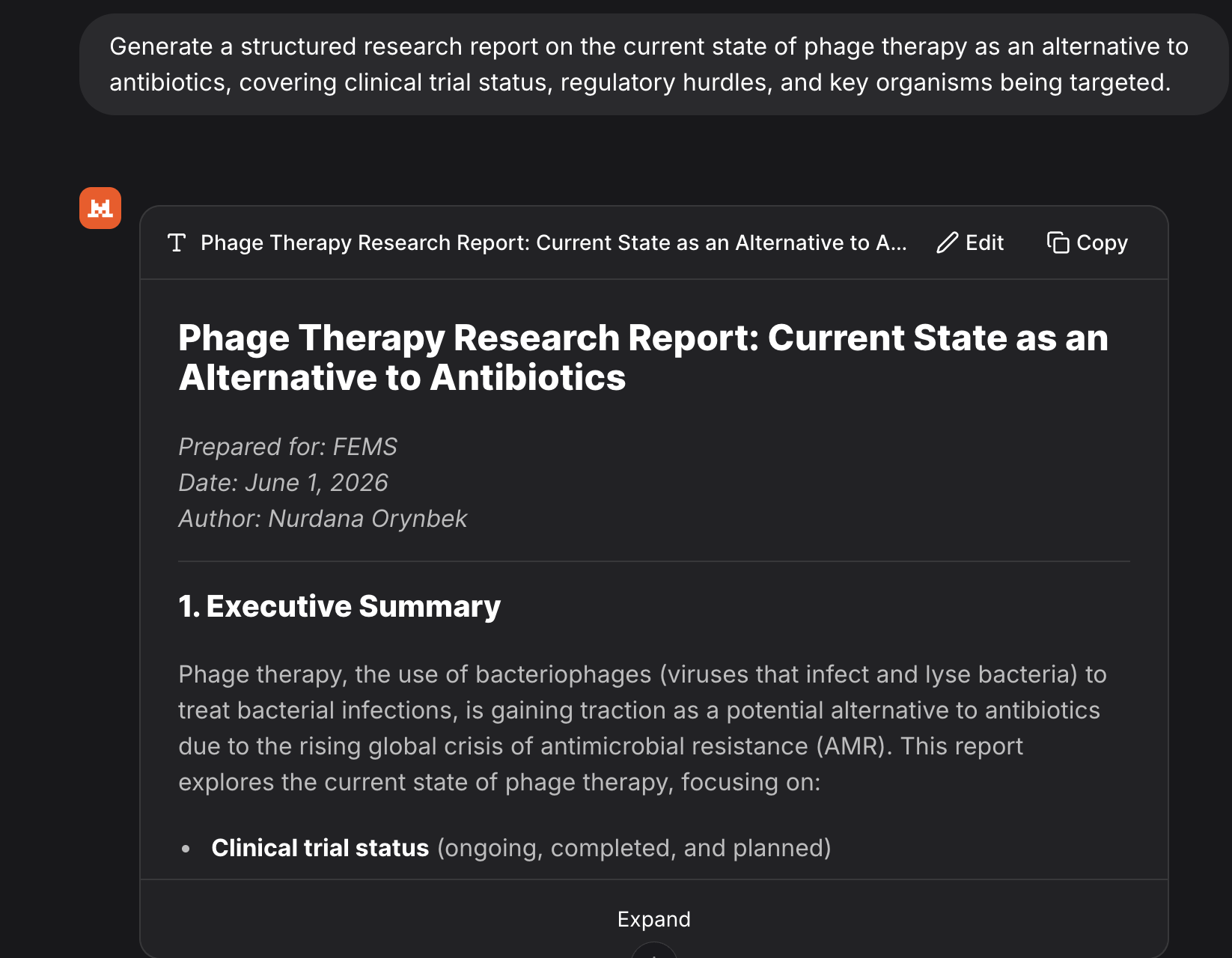 Mistral prompt requesting a structured research report on phage therapy.
