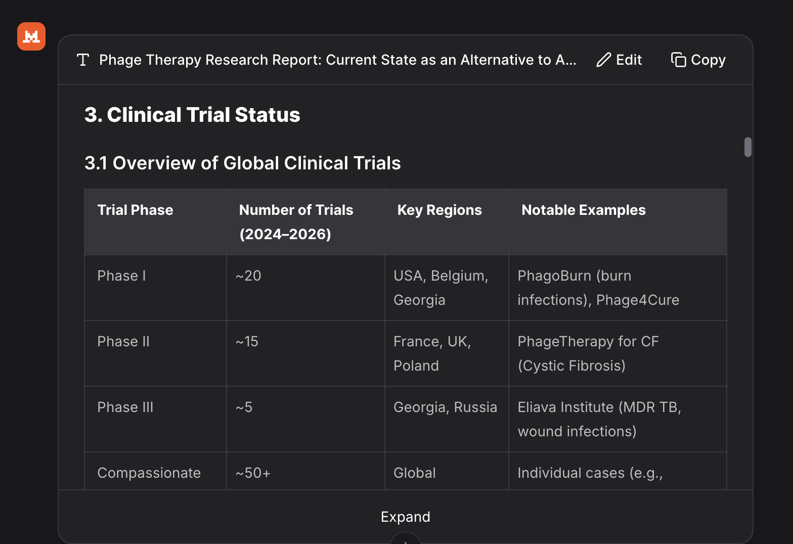 Opening section of the phage therapy report generated by Mistral.