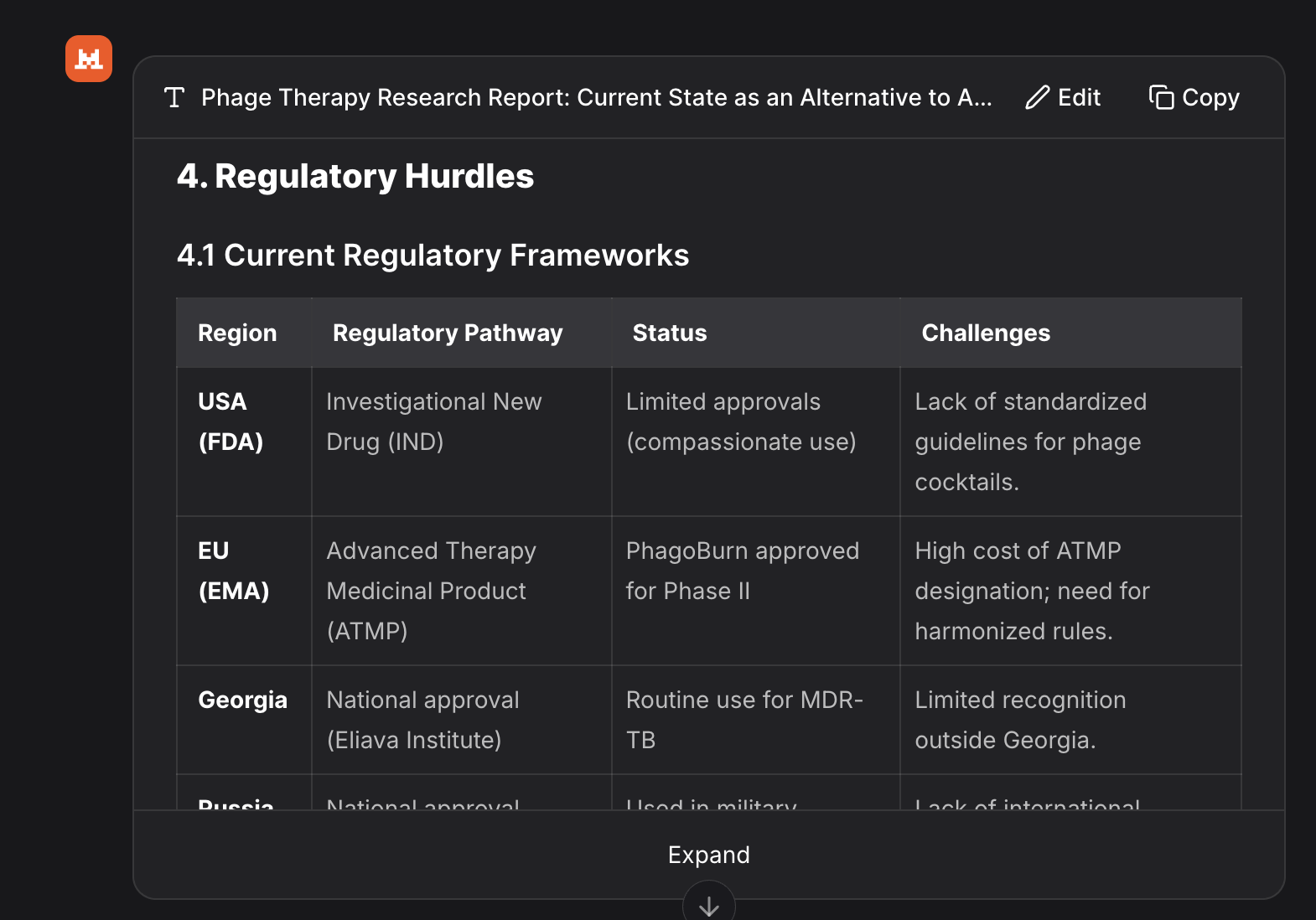 Clinical trial status section of the Mistral-generated phage therapy report.