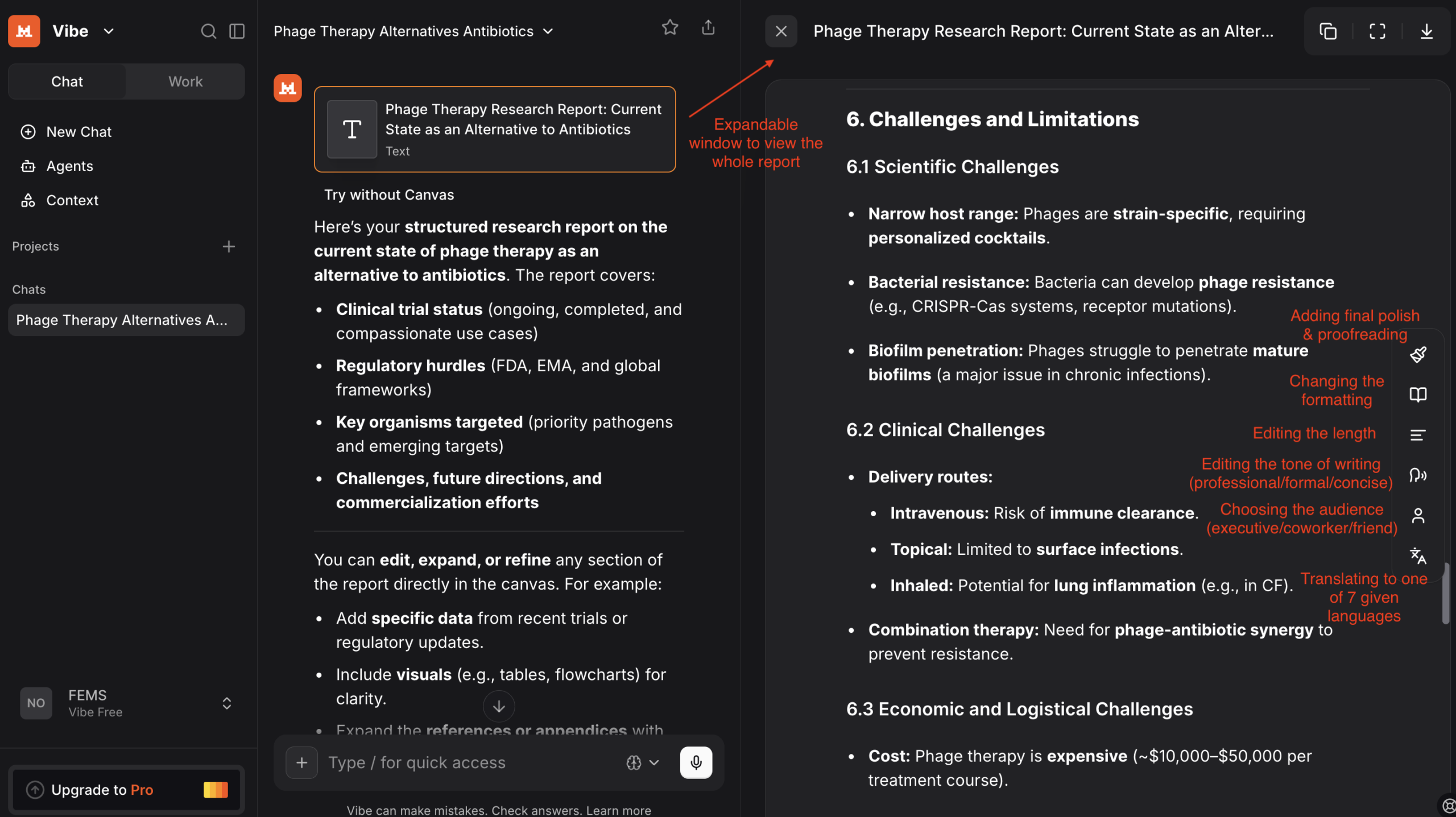 Mistral editing toolbar used to adjust the length, tone, and target audience of the report.