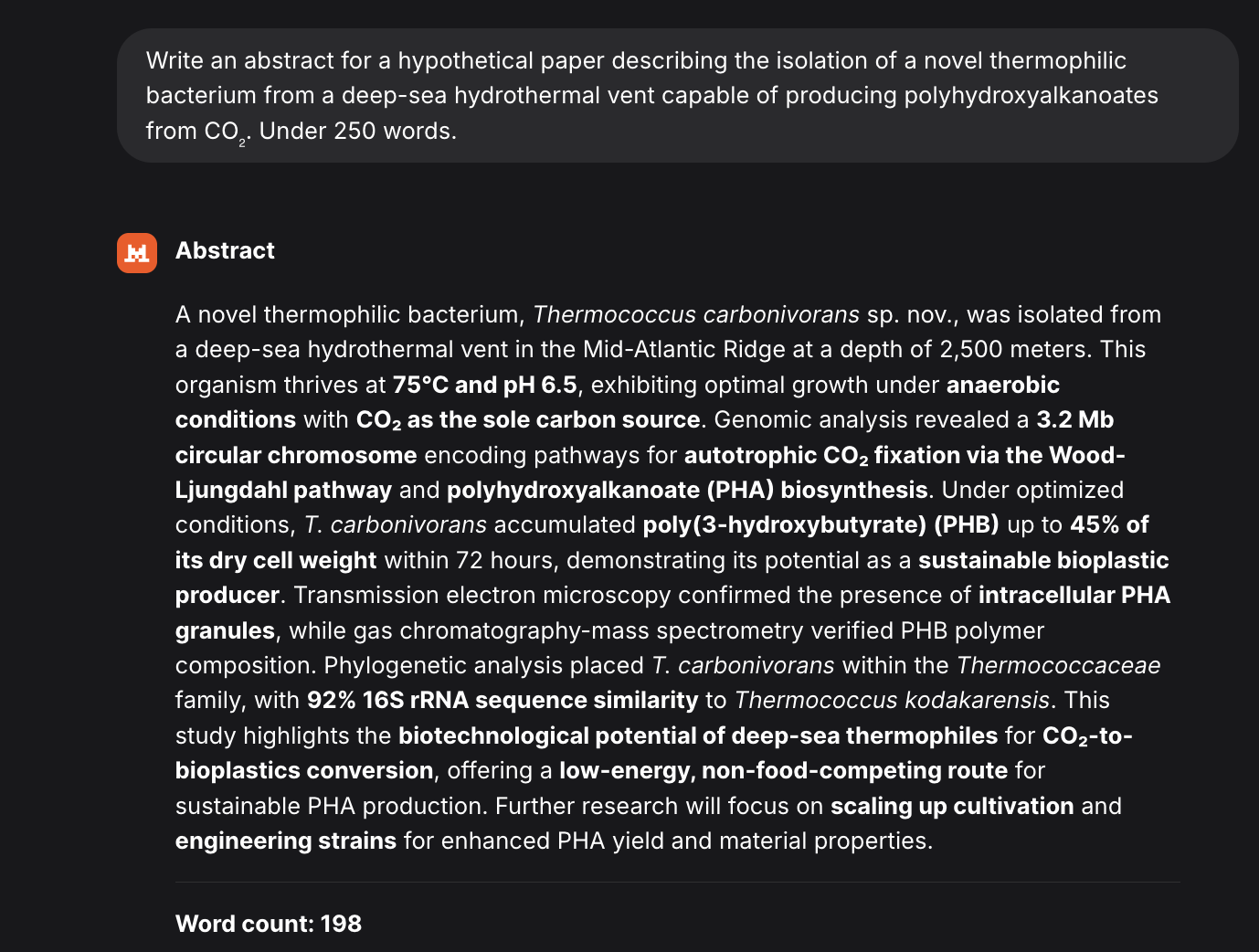 Abstract for a hypothetical thermophilic bacterium paper generated by Mistral.